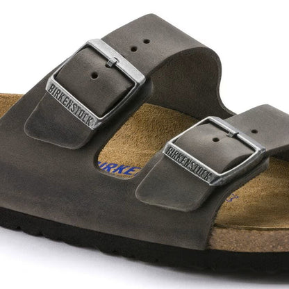 Birkenstock Arizona Soft Footbed Oiled Leather Sandals – Iron Gray, Unisex Two-Strap Slide with Contoured Cork Footbed