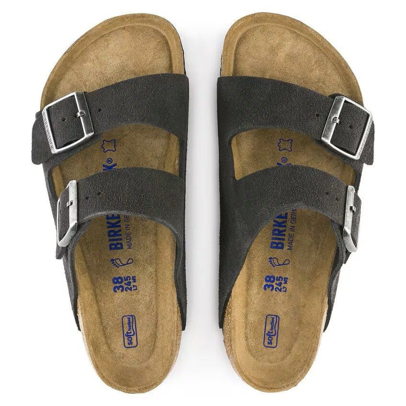 Birkenstock Arizona Soft Footbed Suede Leather Sandals – Velvet Gray Unisex Two-Strap Slides with Contoured Cork Support