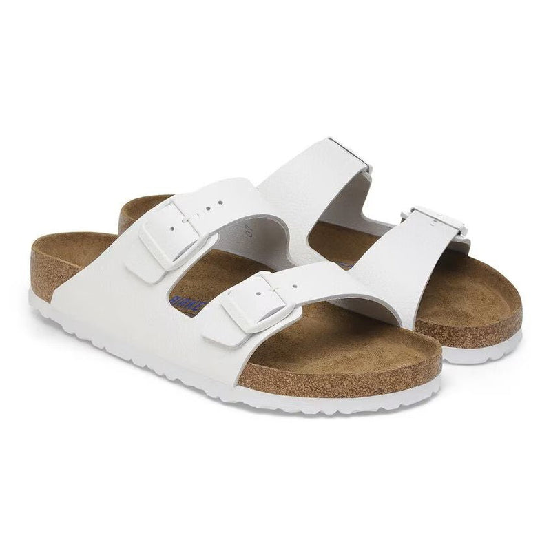 Birkenstock Arizona Soft Footbed White Leather Sandals – Unisex Two-Strap Slides with Contoured Cork-Latex Footbed Support