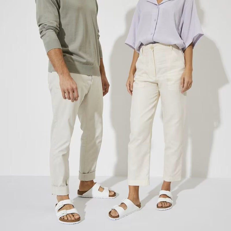 Birkenstock Arizona Soft Footbed White Leather Sandals – Unisex Two-Strap Slides with Contoured Cork-Latex Footbed Support