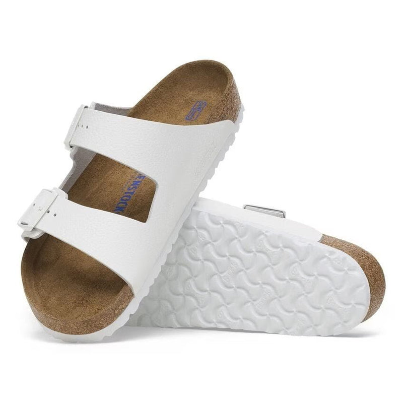 Birkenstock Arizona Soft Footbed White Leather Sandals – Unisex Two-Strap Slides with Contoured Cork-Latex Footbed Support