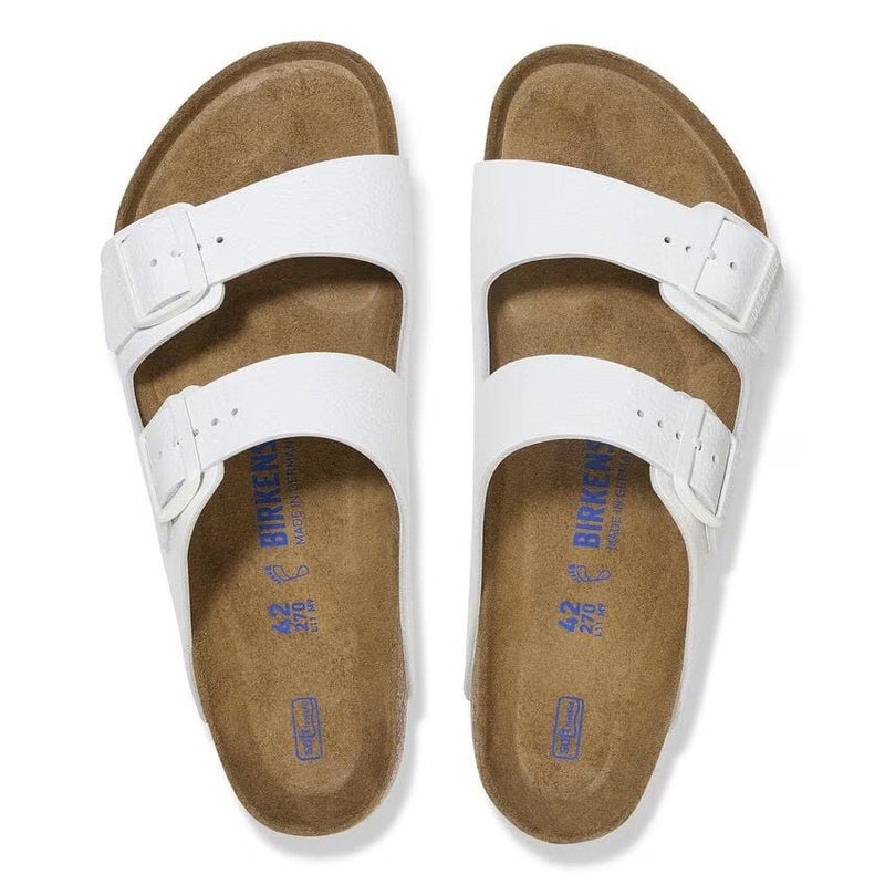 Birkenstock Arizona Soft Footbed White Leather Sandals – Unisex Two-Strap Slides with Contoured Cork-Latex Footbed Support