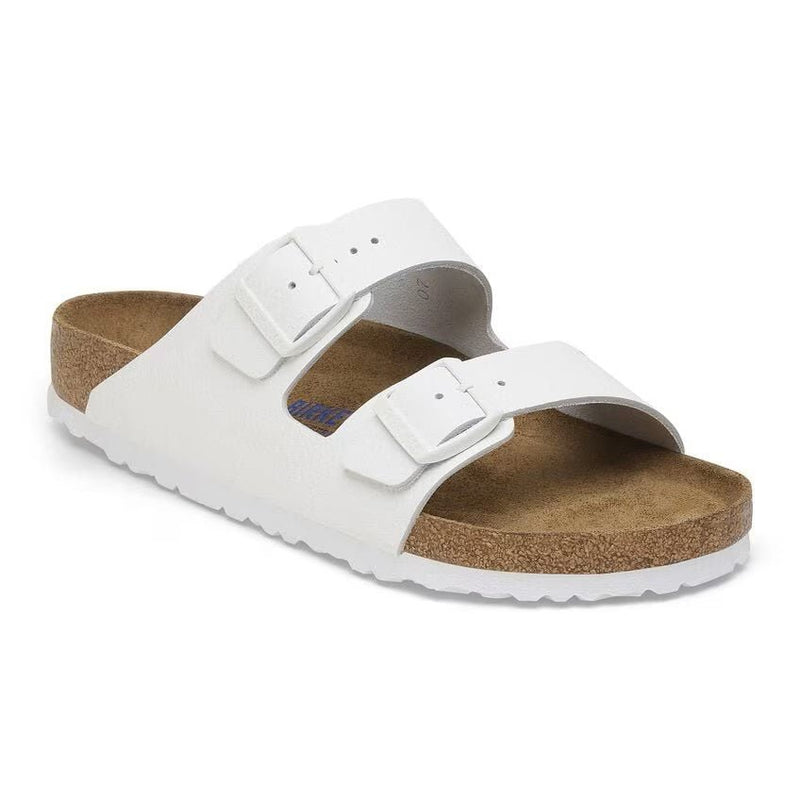 Birkenstock Arizona Soft Footbed White Leather Sandals – Unisex Two-Strap Slides with Contoured Cork-Latex Footbed Support