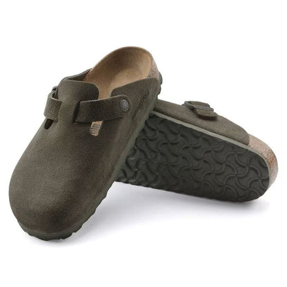 Birkenstock Boston Suede Thyme Unisex Clog Sandal – Classic Slip-On Shoe with Cork-Latex Footbed & Adjustable Strap for Everyday Comfort