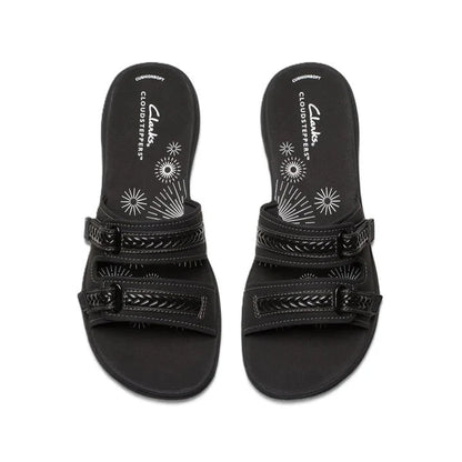 Clarks Women's Breezey Eve H  Cushioned, Comfortable, Braided and Stitching Strap Slide Sandals, Black