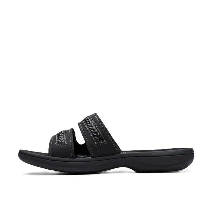 Clarks Women's Breezey Eve H  Cushioned, Comfortable, Braided and Stitching Strap Slide Sandals, Black