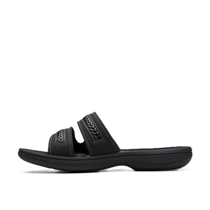 Clarks Women's Breezey Eve H  Cushioned, Comfortable, Braided and Stitching Strap Slide Sandals, Black