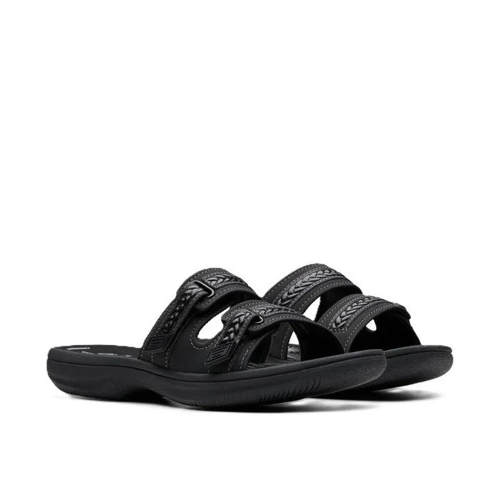 Clarks Women's Breezey Eve H  Cushioned, Comfortable, Braided and Stitching Strap Slide Sandals, Black