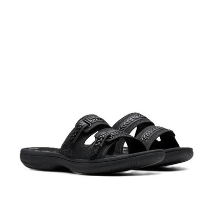 Clarks Women's Breezey Eve H  Cushioned, Comfortable, Braided and Stitching Strap Slide Sandals, Black