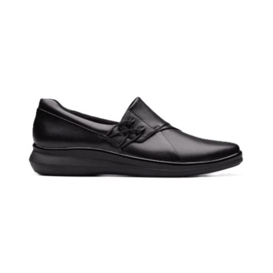 Clarks Womens Lynell Black Leather Slip On Loafer Wide Comfort