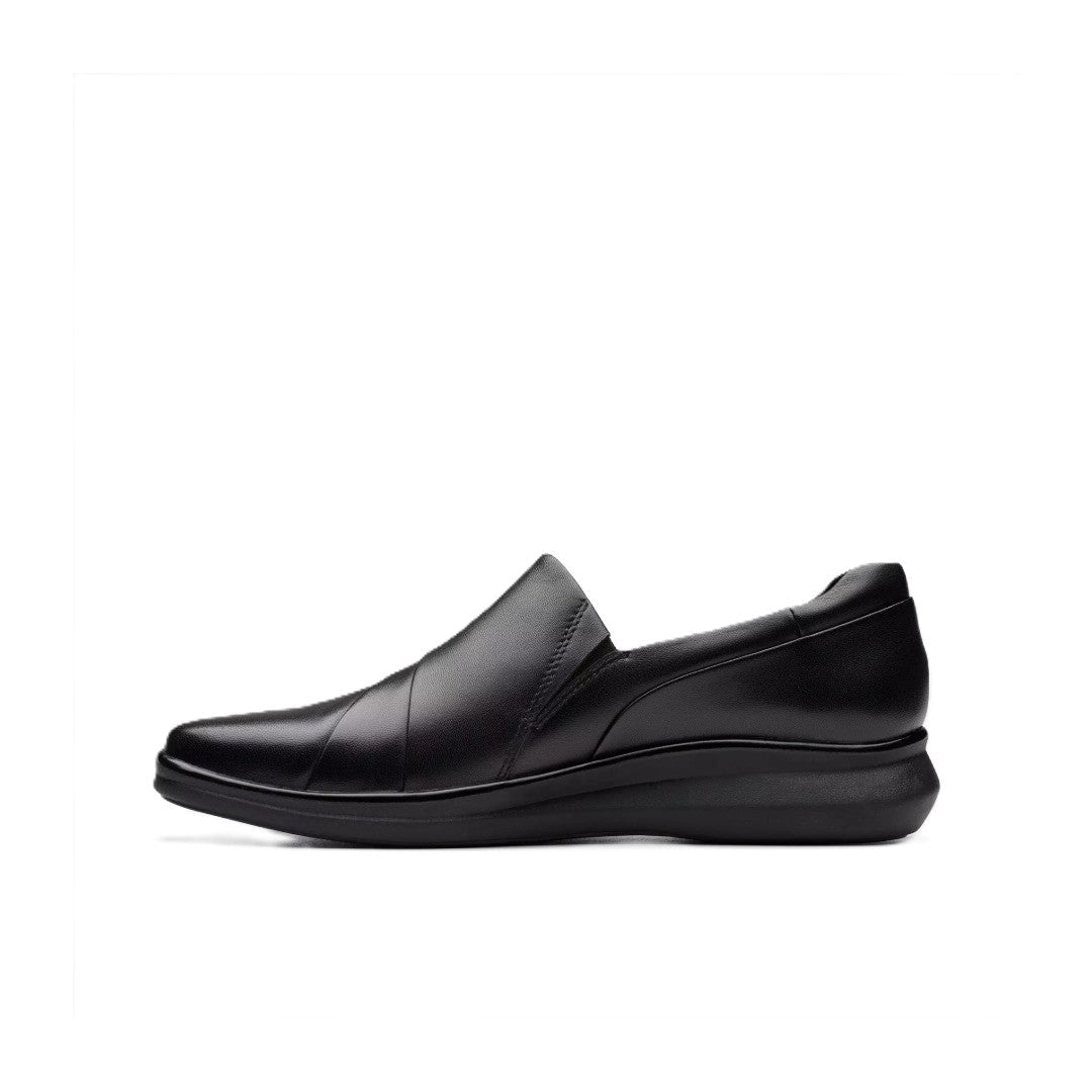 Clarks Womens Lynell Black Leather Slip On Loafer Wide Comfort