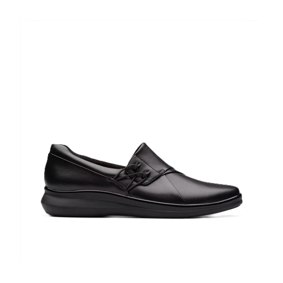 Clarks Womens Lynell Black Leather Slip On Loafer Wide Comfort