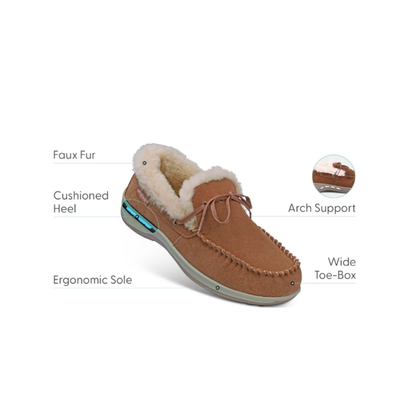 Orthofeet Men's Tuscany Classic suede moccasin slippers with faux fur Brown Shoes