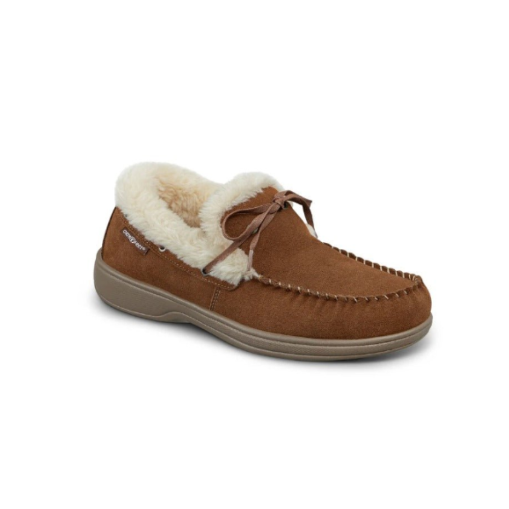 Orthofeet Men's Tuscany Classic suede moccasin slippers with faux fur Brown Shoes