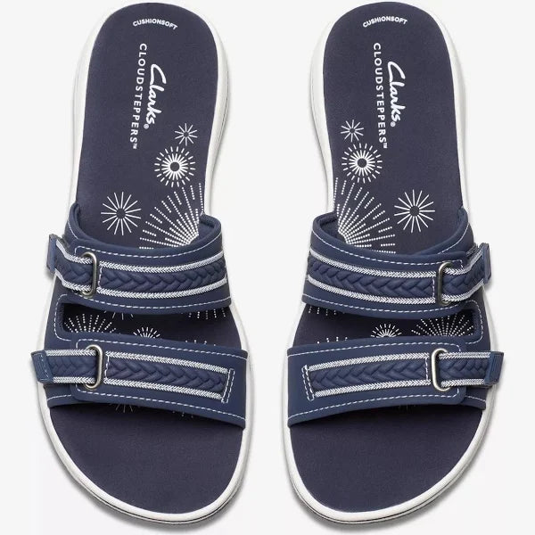 Clarks Women's Breezey Eve H  Cushioned, Comfortable, Braided and Stitching Strap Slide Sandals, Navy