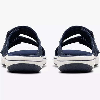 Clarks Women's Breezey Eve H  Cushioned, Comfortable, Braided and Stitching Strap Slide Sandals, Navy