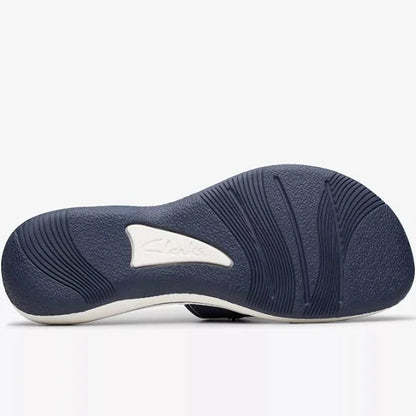 Clarks Women's Breezey Eve H  Cushioned, Comfortable, Braided and Stitching Strap Slide Sandals, Navy