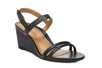 Vionic Women's Orthotic Emmy Wedge Sandals – Black Leather, Arch & Heel Support – Chic Backstrap Design