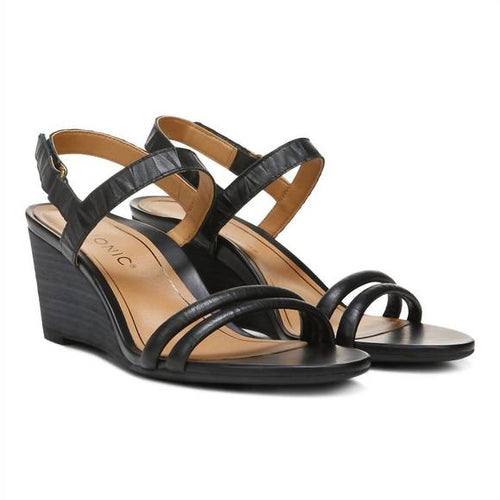 Vionic Women's Orthotic Emmy Wedge Sandals – Black Leather, Arch & Heel Support – Chic Backstrap Design