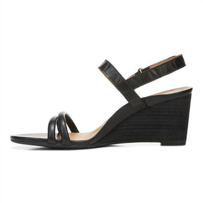 Vionic Women's Orthotic Emmy Wedge Sandals – Black Leather, Arch & Heel Support – Chic Backstrap Design
