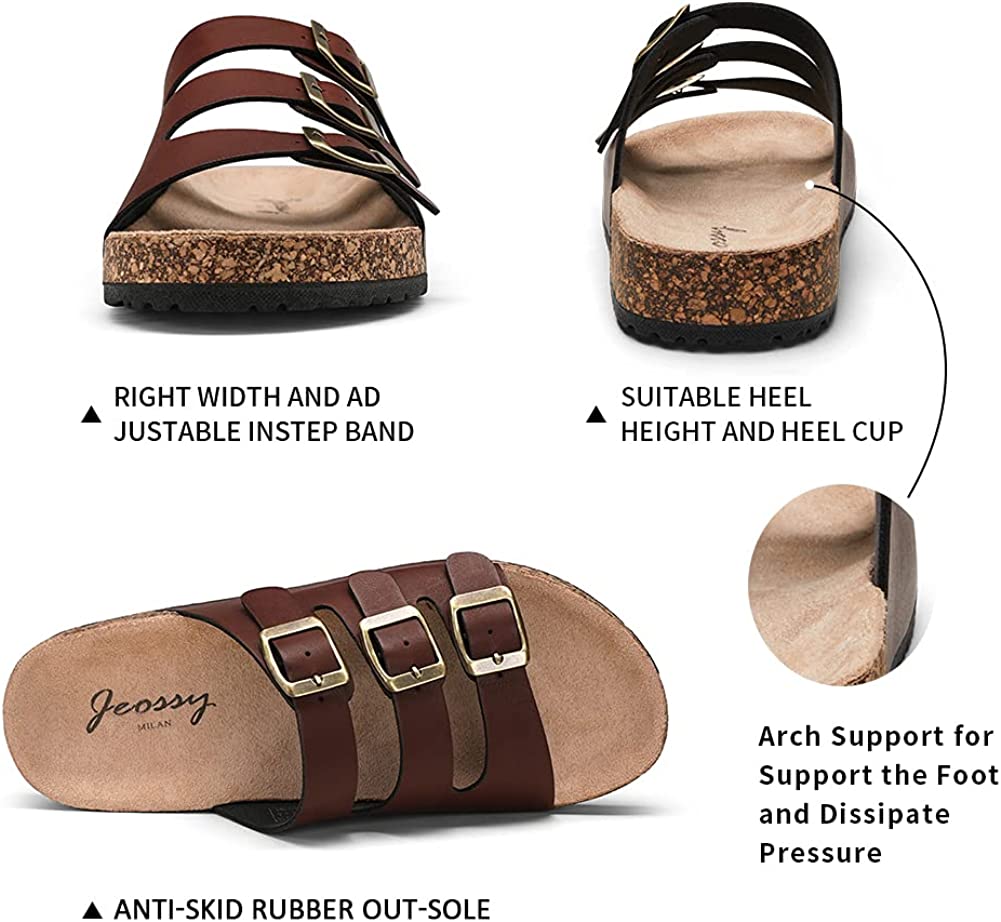Jeossy Women's Two Buckle Slide Sandals – Adjustable Cork Footbed, Comfortable Outdoor Shoes