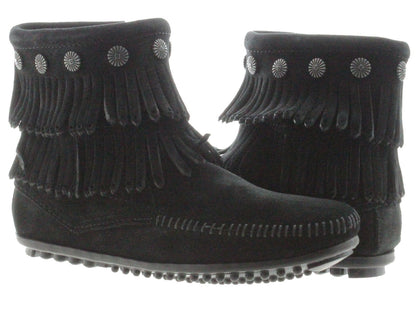 Minnetonka Double Fringe Side Zip Boot Black 699 Women's Boot